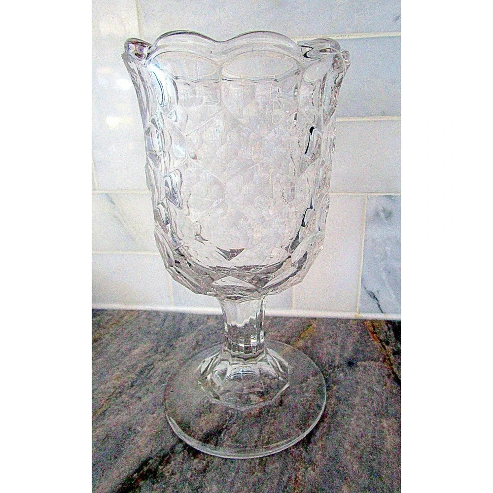 Vintage Celery Glass Spooner Vase Pedestal Base Hexagon Design Heavy 7.25